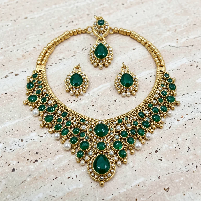 Imitation Emerald-Tone Kundan-Style Bridal Necklace Set